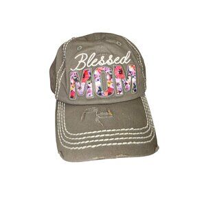 Blessed Mom Distressed Baseball Cap With Floral Lettering & Adjustable Strap By